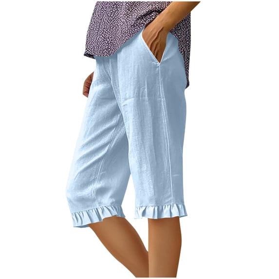 Fengactive Ruffle Hem Capris for Women Knee Length Bermuda Shorts Casual Elastic Waist Cropped Straight Pants with Pockets