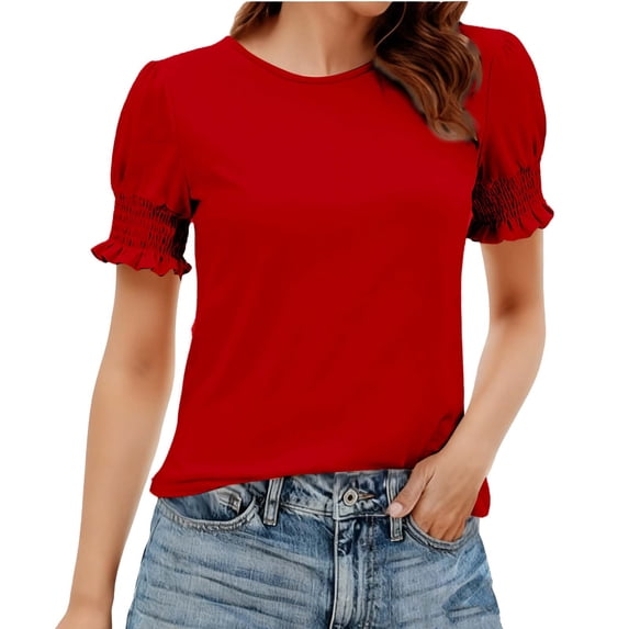 Fengactive Ruffle Short Sleeve Shirt for Women Spring Summer Crewneck Casual Daily T Shirts Comfort Tops