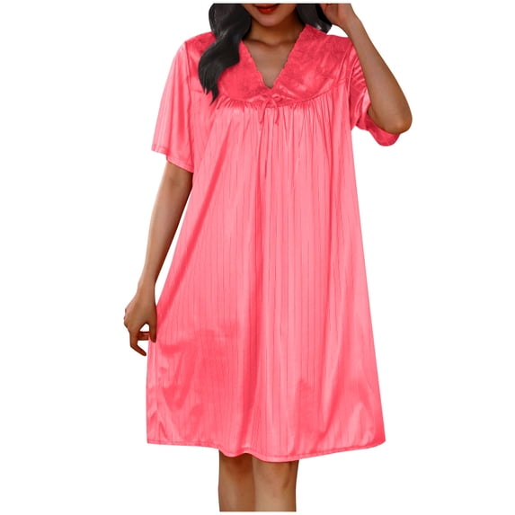 Fengactive Satin Nightgowns for Women Short Sleeve Silky Chemise Pleated V Neck Flowy Nightshirt Plain Soft Sleep Dress