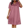 thumbnail image 1 of Fengactive Satin Nightgowns for Women Short Sleeve Silky Chemise Pleated V Neck Flowy Nightshirt Plain Soft Sleep Dress, 1 of 3