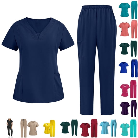 Fengactive Scrub Suit Set for Women Modern V-neck Top & Tapered Leg Jogger Pants Medical Nursing Uniforms Set