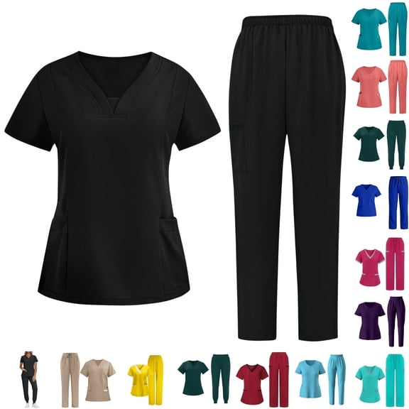 Fengactive Scrub Suit Set for Women Modern V-neck Top & Tapered Leg Jogger Pants Medical Nursing Uniforms Set