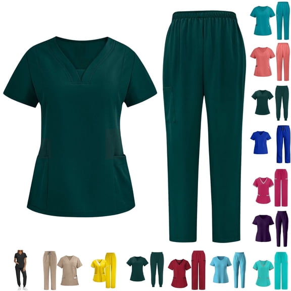 Fengactive Scrubs For Women Set V-Neck Top & Pants Medical Scrubs Nurse Uniform Clinical Modern Suit with Pockets