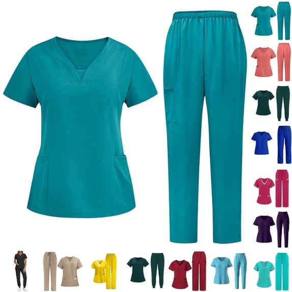 Fengactive Scrubs For Women Set V-Neck Top & Pants Medical Scrubs Nurse Uniform Clinical Modern Suit with Pockets
