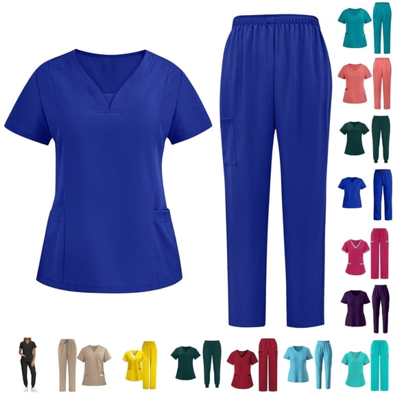 Fengactive Scrubs For Women Set V-Neck Top & Pants Medical Scrubs Nurse Uniform Clinical Modern Suit with Pockets