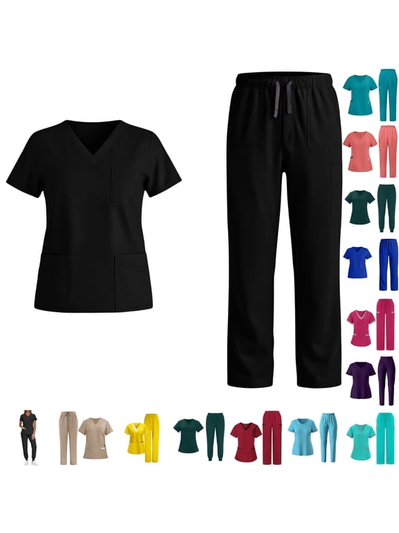 Scrubs For Women Set V-Neck Top & Pants Medical Scrubs Nurse Uniform Clinical Modern Suit with Pockets