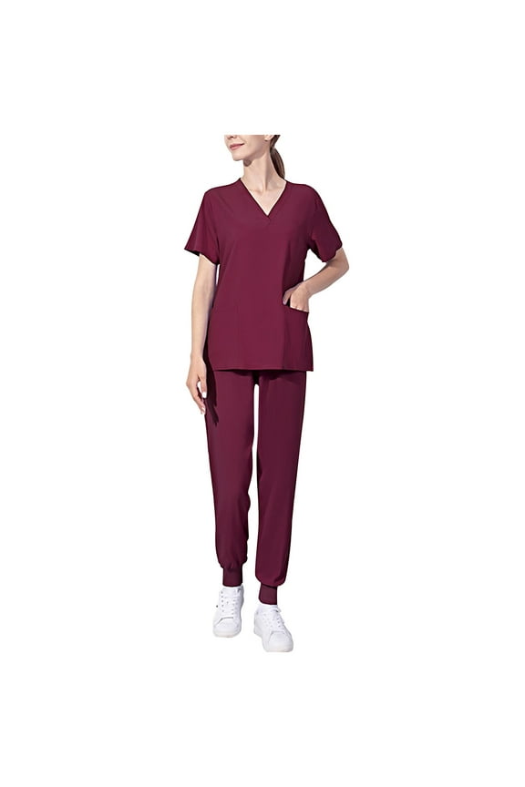 Scrubs Set for Women 2 Piece Outfits Nurse Uniform Jogger Suit Classic Stretch Top Pants with Pocket