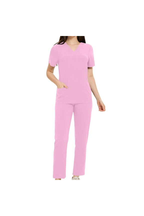Scrubs for Women Set Classic Stretch V Neck Short Sleeve Scrub Tops Elastic Waist Pants with Pockets