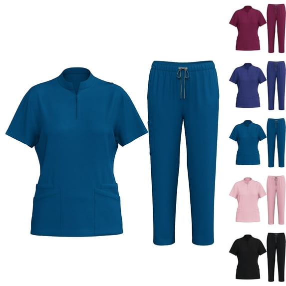 Fengactive Scrubs for Women Set Stretch Stand Collared Scrub Top Long Pant Nursing Uniforms Scrubs Sets with Pockets