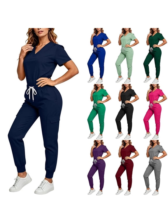 Scrubs for Women Set Stretch Stand Collared Scrub Top Long Pant Nursing Uniforms Scrubs Sets with Pockets