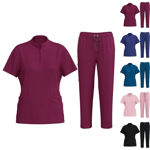 Fengactive Scrubs for Women Set Stretch Stand Collared Scrub Top Long Pant Nursing Uniforms Scrubs Sets with Pockets