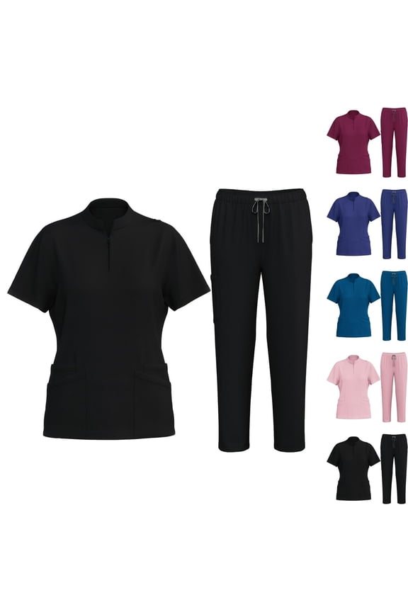 Scrubs for Women Set Stretch Stand Collared Scrub Top Long Pant Nursing Uniforms Scrubs Sets with Pockets