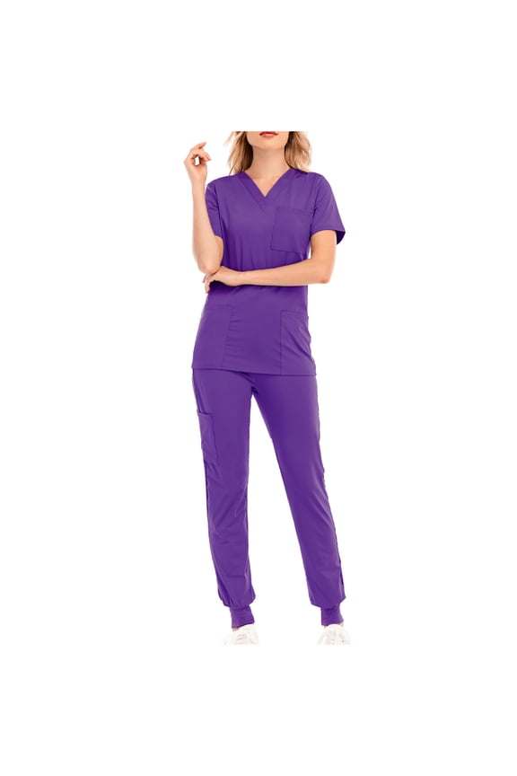 Scrubs for Women Set Stretchy V-Neck Top Jogger Pants Medical Uniform Workwear for Nurses