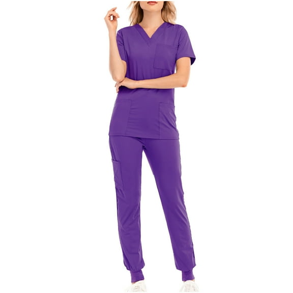 Fengactive Scrubs for Women Set Stretchy V-Neck Top Jogger Pants Medical Uniform Workwear for Nurses