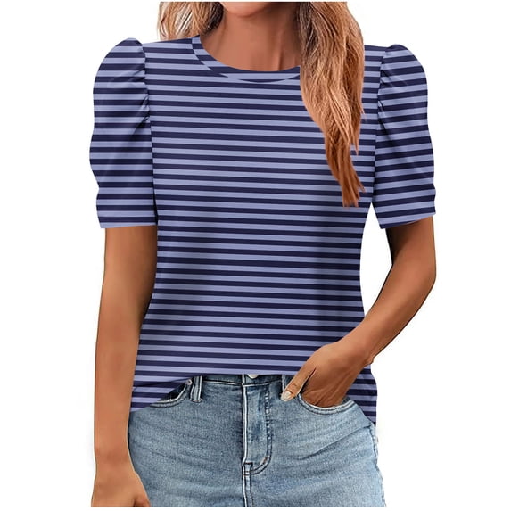 Fengactive Short Puff Sleeves Tops for Womens Striped Printed Round Neck T-Shirts Comfy Tunic Top Shirts