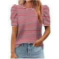 thumbnail image 1 of Fengactive Short Puff Sleeves Tops for Womens Striped Printed Round Neck T-Shirts Comfy Tunic Top Shirts, 1 of 5