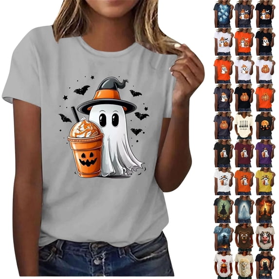 QINGFSAP Short Sleeve Halloween Printed T-Shirt Tops for Women Graphic Shirt Crew Neck Season Tops