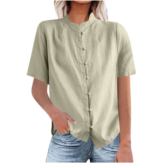 QINGFSAP Short Sleeve Tops for Women Loose Vintage Button Down Shirt Dressy Casual Summer Tunic Blouse