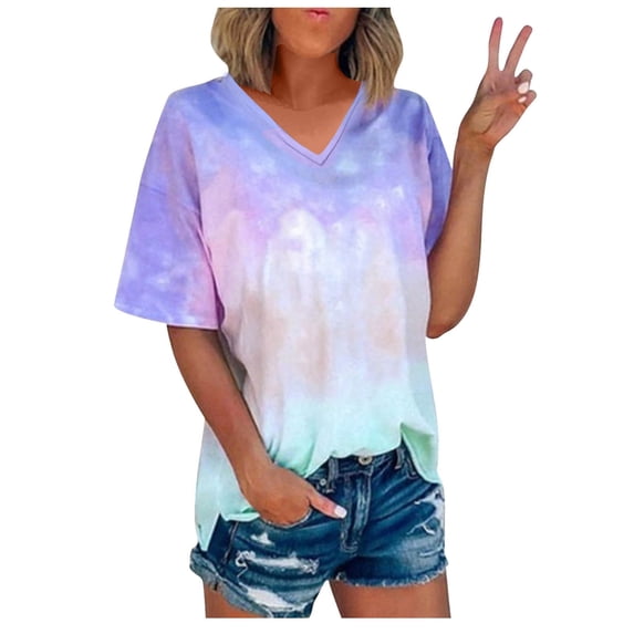 Fengactive Summer Tie Dye Shirts for Womens Plus Size Short Sleeve Tops Fashion Gradient Graphic Tee Party Blouse