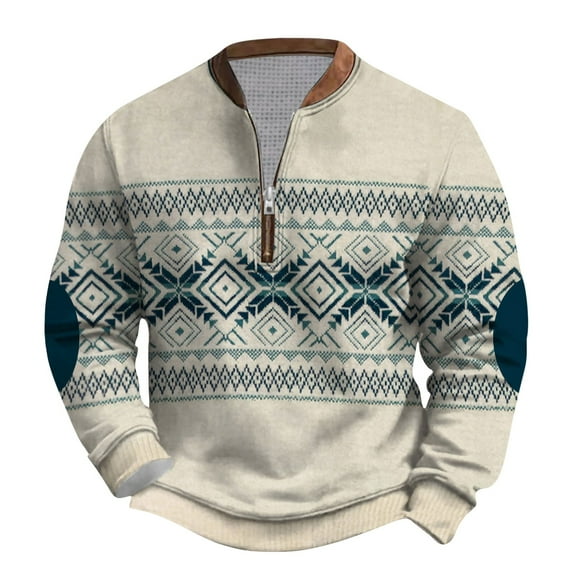 Fengactive Sweatshirts for Men Quarter Zip Pullover Vintage Knit Sweatshirts Printed Crewneck Sweater Fall Winter Shirts