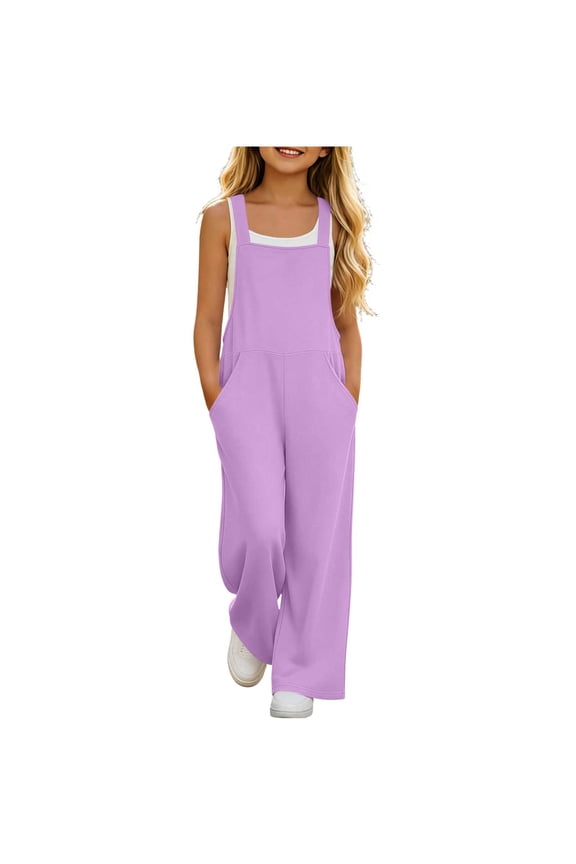 Teen Girls Summer Long Jumpsuit Solid Design Straight Wide Leg Side Pockets Casual Wear for 5-15T