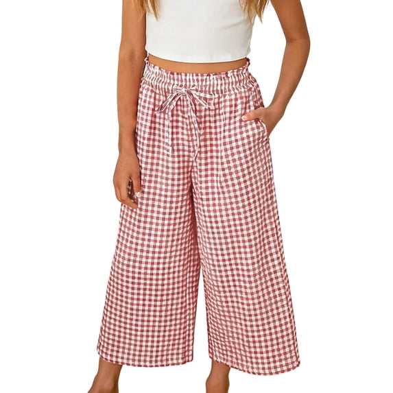 QINGFSAP Toddler Girls Plaid Cropped Pants Drawstring Waist Lightweight Bottoms 12M-12T