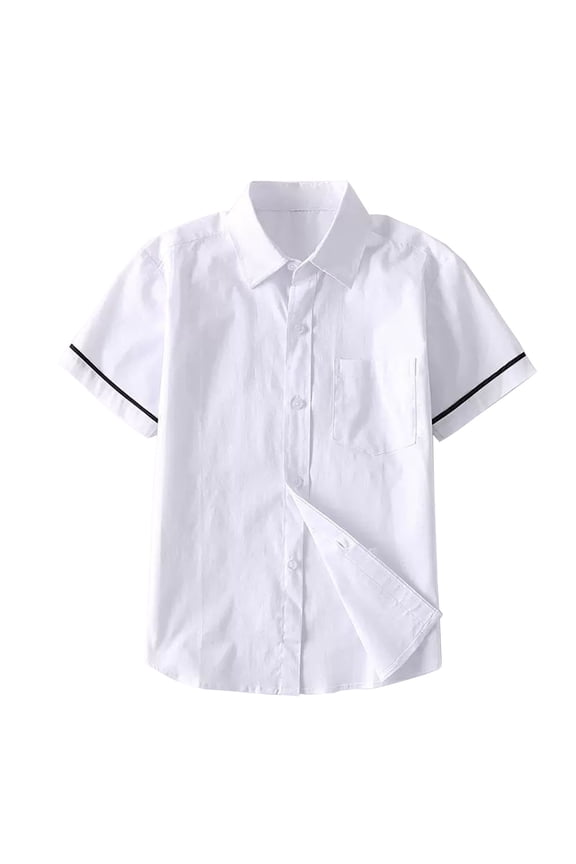 Toddler Teen Kids Back To School Top Simple Button Front Short Sleeve Collar Shirt Chest Pocket Contrast Trim Cuff Uniform Shirt 3-14T