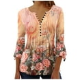 thumbnail image 1 of Fengactive Tops for Women 2025 Trendy Boho Floral Print Shirts 3/4 Bell Sleeve Button V Neck Casual Loose Blouse, 1 of 5