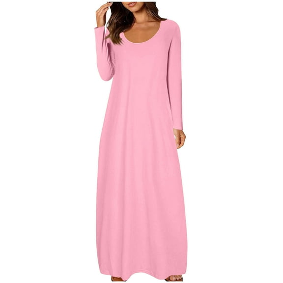 Fengactive Tshirt Dress for Women Fall Casual Scoop Neck Long Sleeve Loose Fit Plain Long Maxi Tee Shirt Dresses