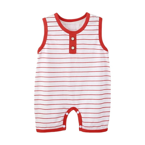 Fengactive Unisex 0-18M Baby Sleeveless Short Romper Stripe Contrast Button Henley Neck Breathable Cotton Summer Infant Tank Bodysuit Onesie
