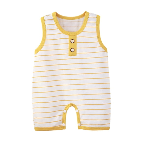 Fengactive Unisex 0-18M Baby Sleeveless Short Romper Stripe Contrast Button Henley Neck Breathable Cotton Summer Infant Tank Bodysuit Onesie