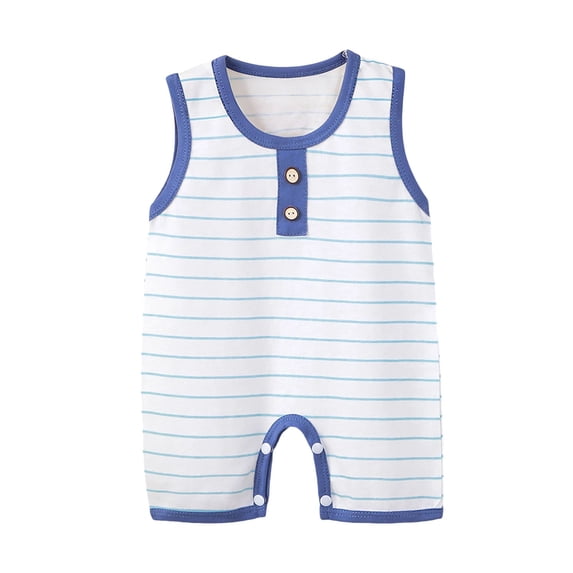 Fengactive Unisex 0-18M Baby Sleeveless Short Romper Stripe Contrast Button Henley Neck Breathable Cotton Summer Infant Tank Bodysuit Onesie