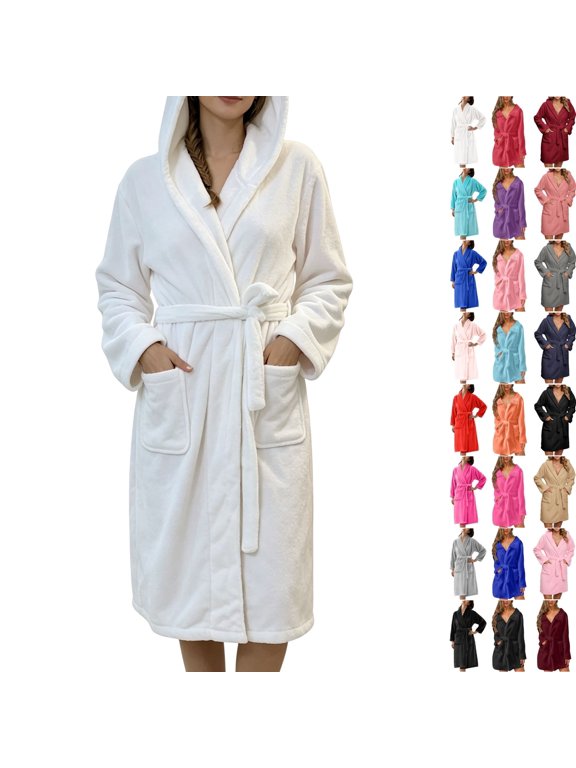 Fengactive Unisex Hooded Flannel Bathrobe Long Length Waist Belt Front Pockets Cozy Sleepwear