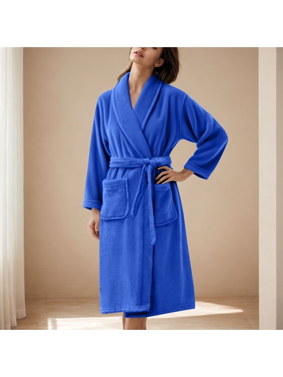Unisex Long Sleeve Solid Flannel Bathrobe - Warm Lapel Collar Couples Loungewear Robe