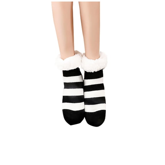 Fengactive Unisex Thick Sherpa Lined Slipper Socks Plush Home Socks Contrast Stripe Winter Warm Cozy