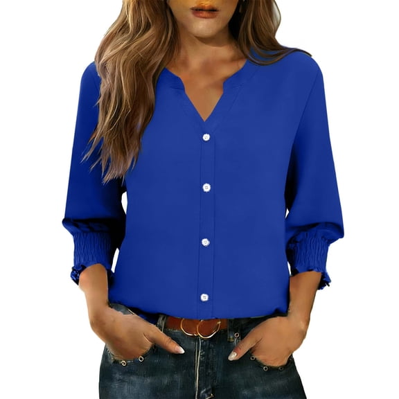 Fengactive V Neck Button Down Shirt for Women Lantern 3/4 Sleeve Blouses Casual Shirts