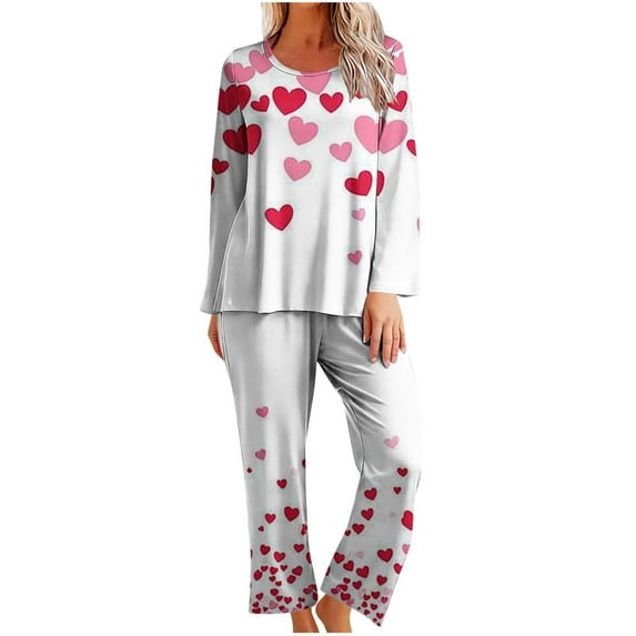 Fengactive Valentines Pajama Sets for Women 2 Piece Long Sleeve Heart Print Tops and Pants Loungewear Pjs Set Sleepwear