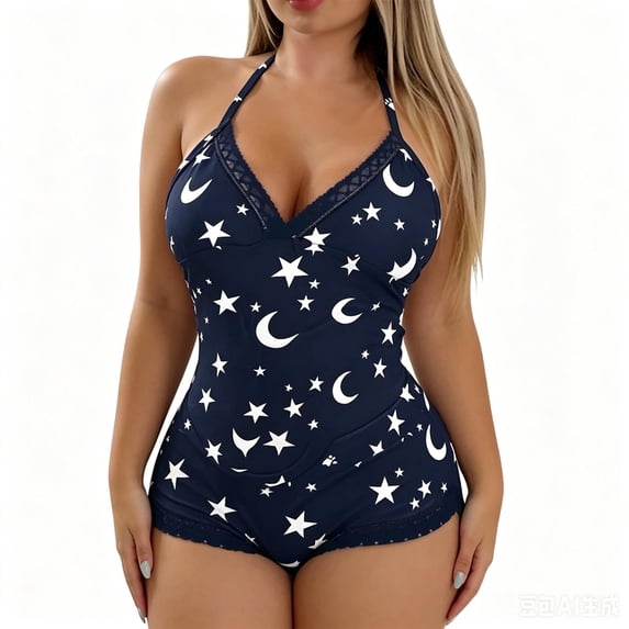 QINGFSAP Women Sleep Romper Halter Neck Sleeveless Deep V Lace Trim Bodysuit with Print