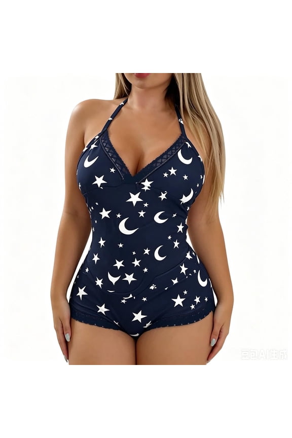 Women Sleep Romper Halter Neck Sleeveless Deep V Lace Trim Bodysuit with Print