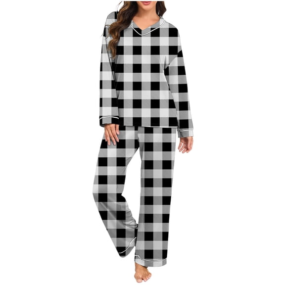 Fengactive Women's 2-Piece Checkered Pajama Set Long Sleeve V-Neck Top with Contrast Trim and Loose Pants Lounge Sleepwear
