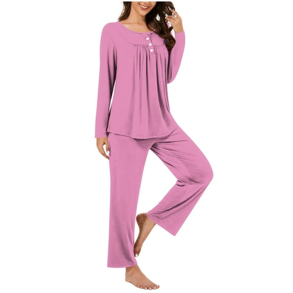 Fengactive Women's 2-Piece Pajama Set Long Sleeve Top with Button and Long Pants with Pockets Fall Lounge Sleepwear