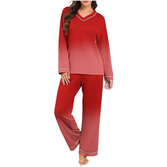 Fengactive Women's 2 Piece Pajama Set V Neck Long Sleeve Top with Contrast Trim and Comfy Wide Leg Pants Lounge Sleepwear