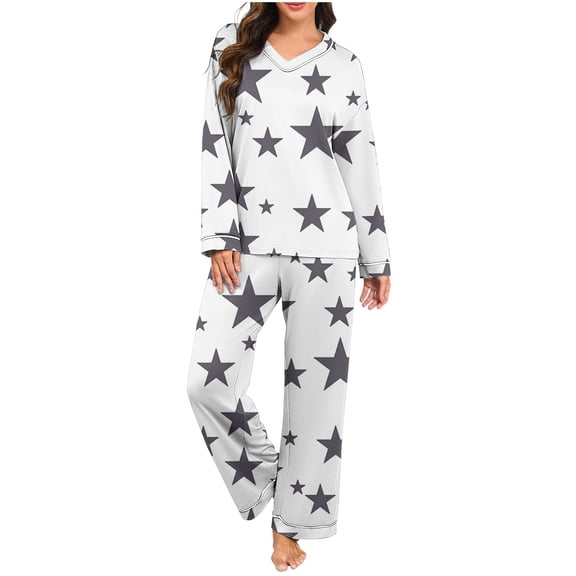Fengactive Women's 2-Piece Star Pattern Pajama Set Long Sleeve V Neck Top and Loose Pants with Contrast Trim Lounge Sleepwear