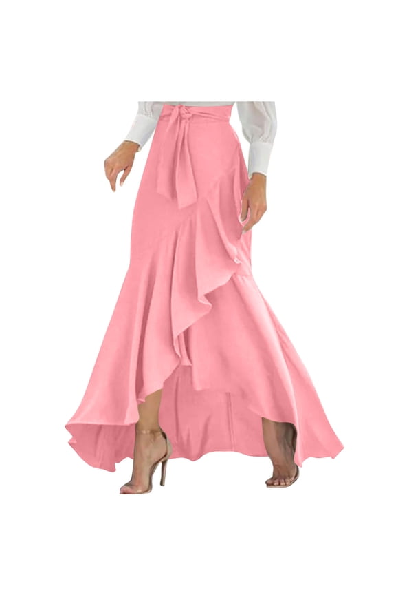 Women's 2025 Trendy Casual Elastic High Waist Skirt Culottes Tie Front Ruffle Flowy Maxi Skirts