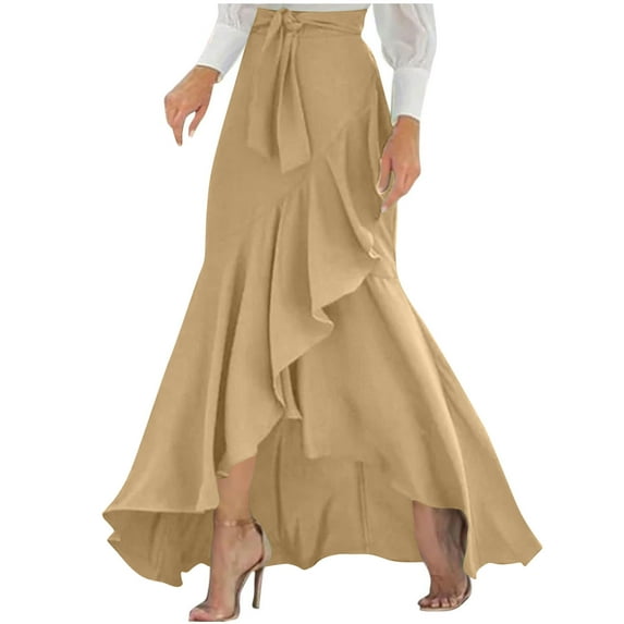 Fengactive Women's 2025 Trendy Casual Elastic High Waist Skirt Culottes Tie Front Ruffle Flowy Maxi Skirts