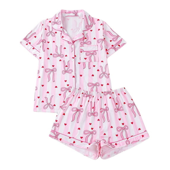 Fengactive Women's 2PC Cute Pajama Set Valentines Printed Short Sleeve Nightshirt Shorts Comfort Breathable Button Sleepwear