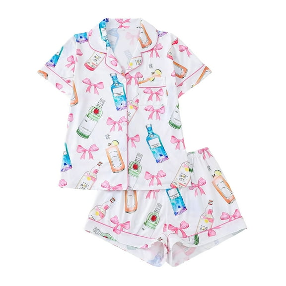 Fengactive Women's 2Pcs Pajamas Set Short Sleeve Sleepwear Loose Button Down Shirts and Shorts Sets Graphic Cute Nightwear