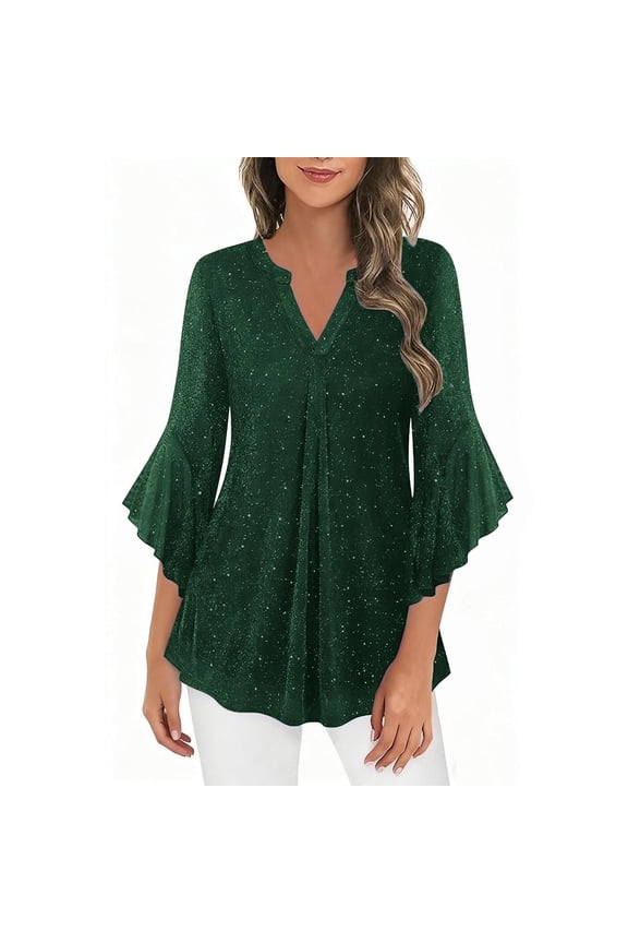 Women's 3/4 Sleeve Dressy Blouses Shirts Casual Loose Fit Mesh Layered Flowy Tunic Tops