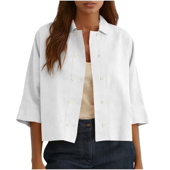 Fengactive Women's 3/4 Sleeve Jacket Lightweight Loose Spring Lapel Button Down Casual Cropped Cardigan Shirts