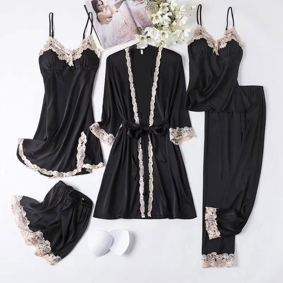 QINGFSAP Women's 5-Piece Silk Pajama Set with Built-in Bra - Lace Trim Cami Sleepwear & Lounge Set